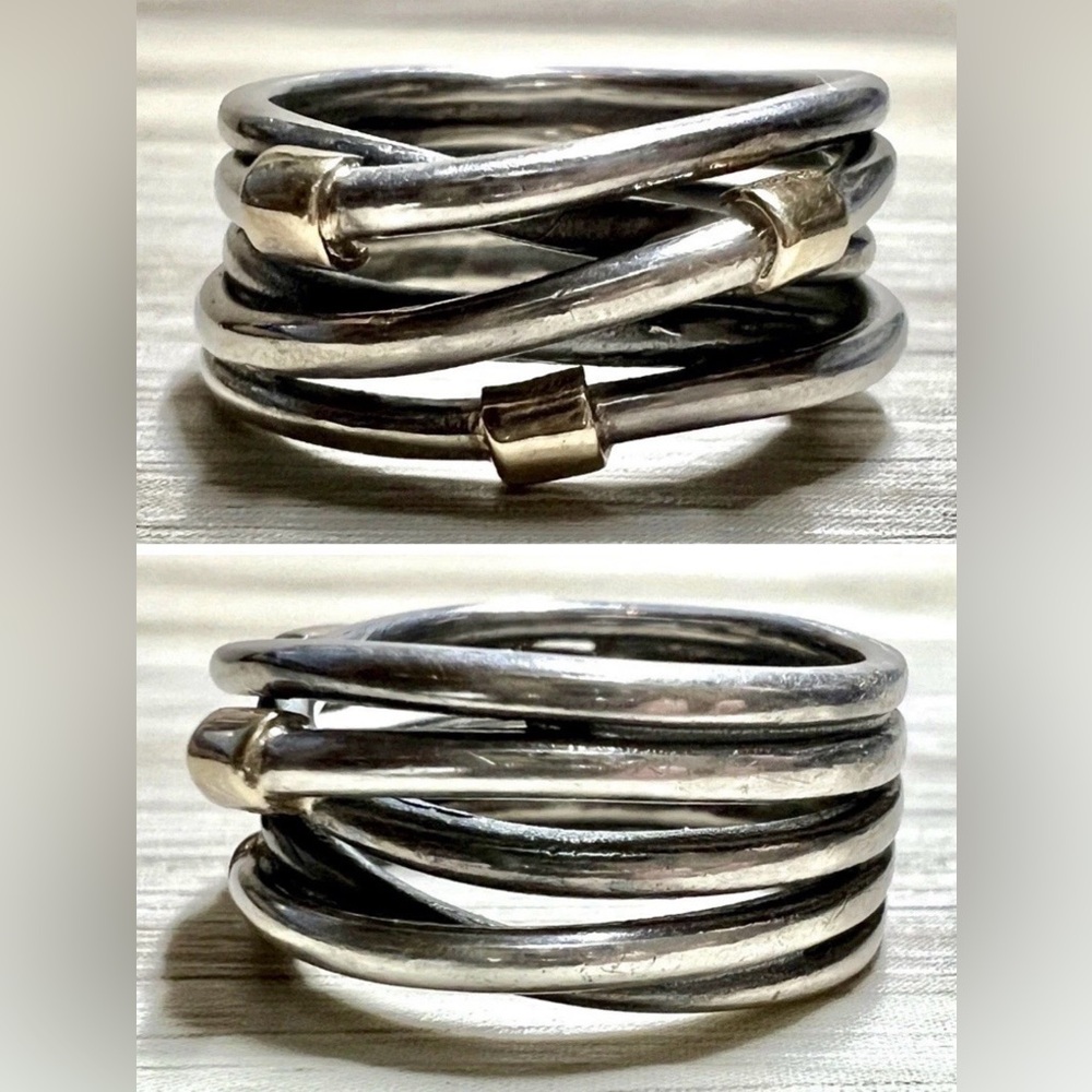Pandora Sterling Silver & 14K Yellow Gold Crossover Wide Band Ring, Size 7